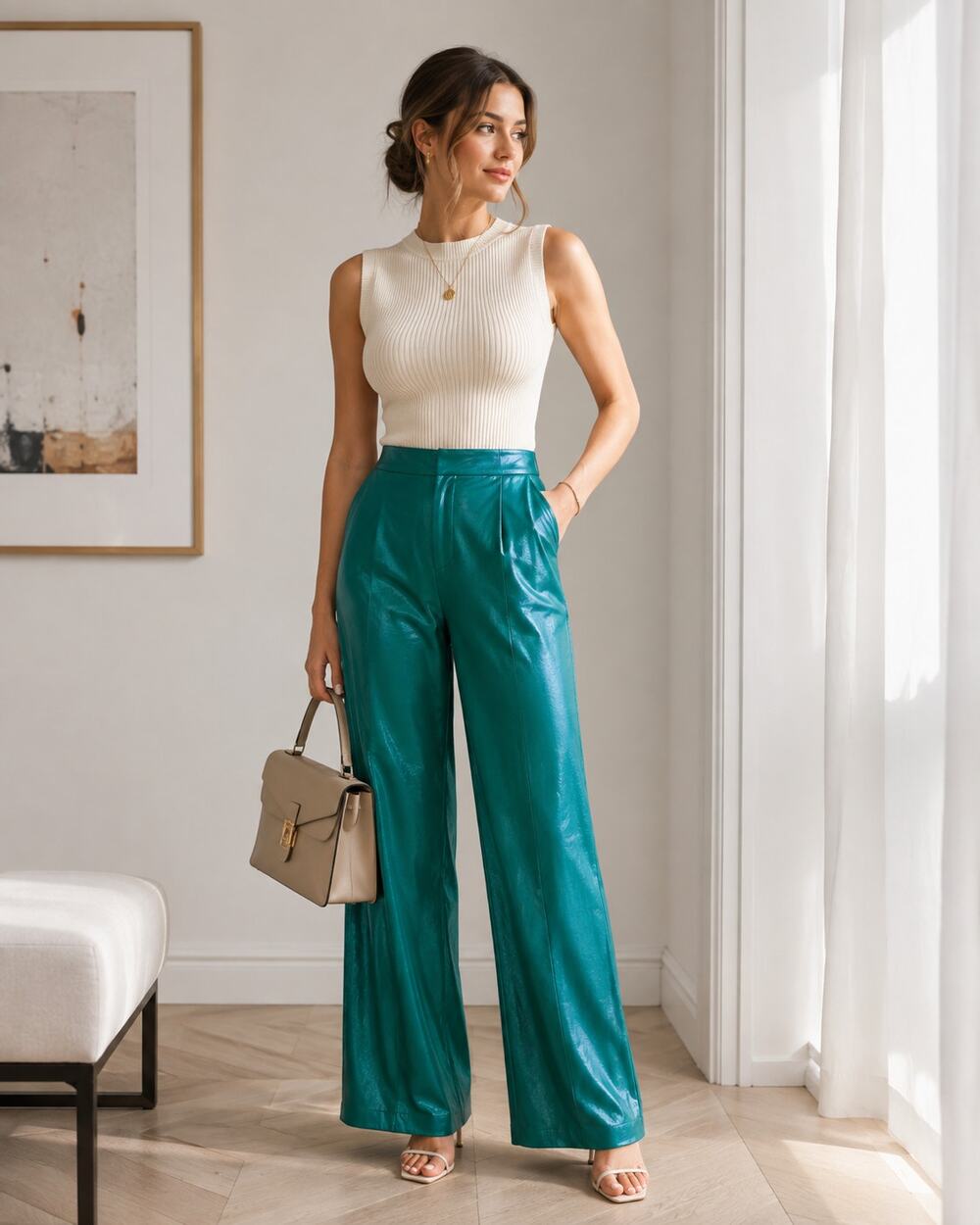Alice & Olivia Green Faux Leather Wide Leg Pants Womens 4 Altered Corpcore